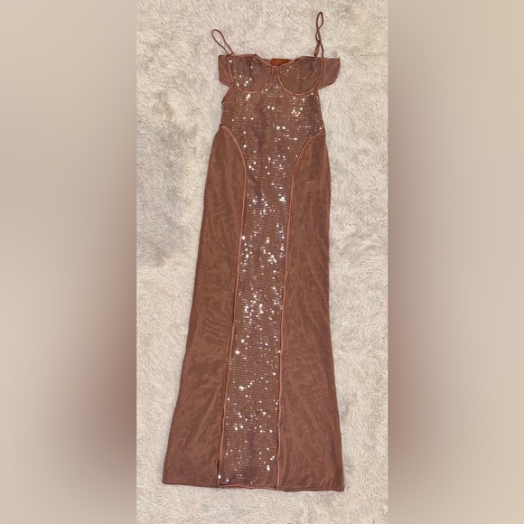 NWOT HOUSE OF CB 'Bonita' Cafe Au Lait brown Sequin Maxi Dress sz S - Picture 5 of 10